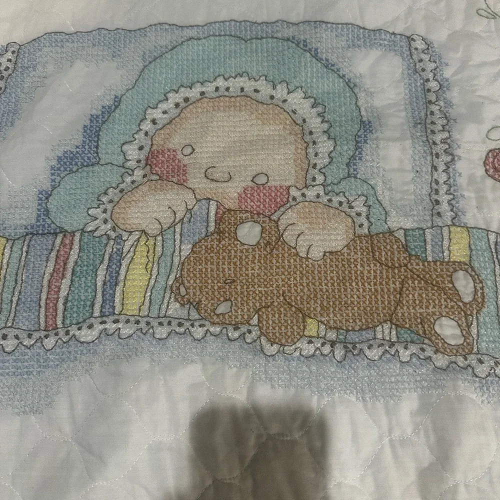 Embroidered Baby Crib Comforter Quilt‎ White Bunny Bear